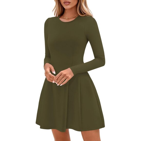 Long Sleeve Army Green Mini Dress Women Fall 2025 Crewneck Line Babydoll Casual - Picture 7 of 8